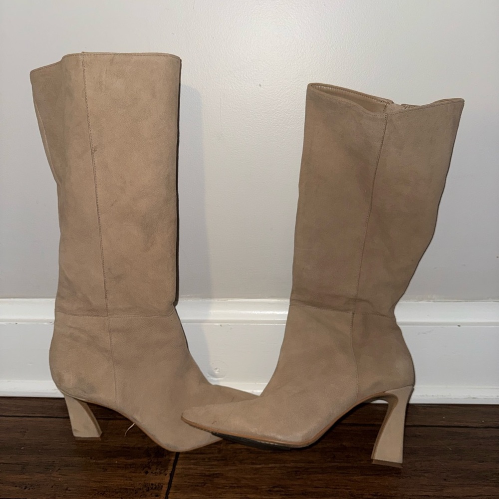 Vince Camuto Tan Suede Mid-Calf Boots Sculptural Heel Size 10
